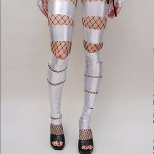 Silver Cut Out Leg Warmers Spandex Leggings Covers Wet Look UV Knee Socks Cyber